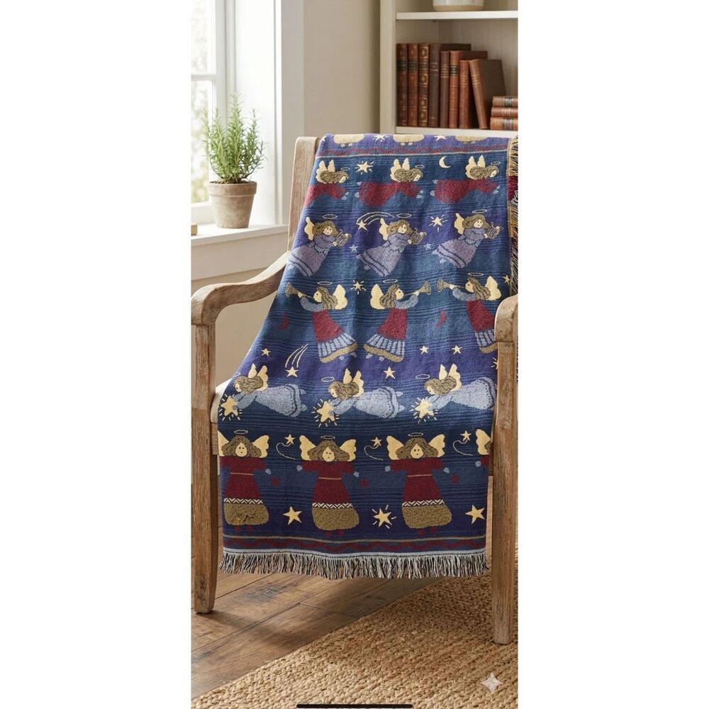 Flying Cherubs Angels Throw Blanket 100% Cotton Cottagecore Fringe Vintage